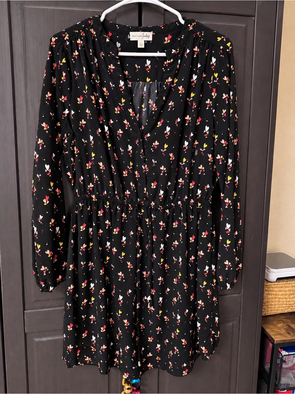 Maison Jules Black Floral V-Neck Long Sleeve Dress